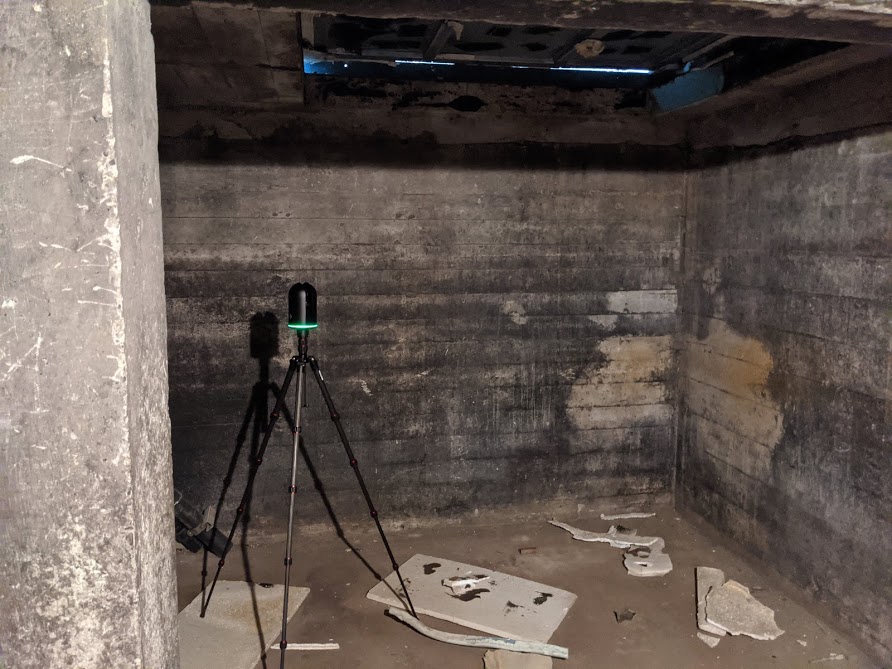 Leica BLK scanning coal room during digital documentation of Old Sun. August 2020. Photo source: Madisen Hvidberg.