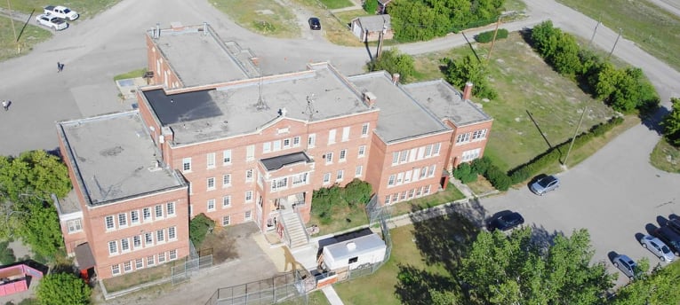 Old Sun taken during UAV photogrammetry documentation of exterior of the school, August 2020. From SenseFly eBee drone flight.