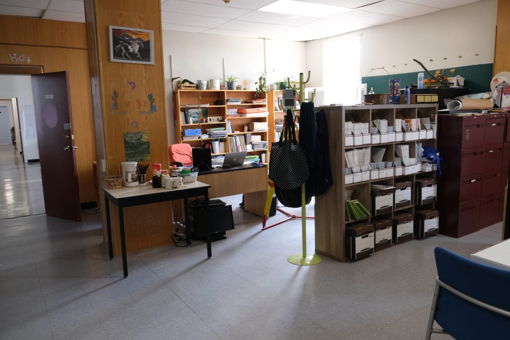 UnBQ communal office space, formerly the junior girls' dormitory. Taken during digital documentation, August 2021. From Zoe Cascadden.