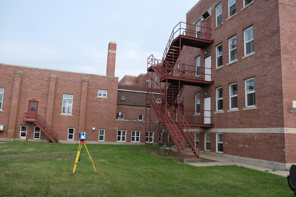 Exterior of Blue Quills during digital documentation. Scanning the back of the school on the girls' side with Z+F 5010X IMAGER, August 2021. From Madisen Hvidberg.