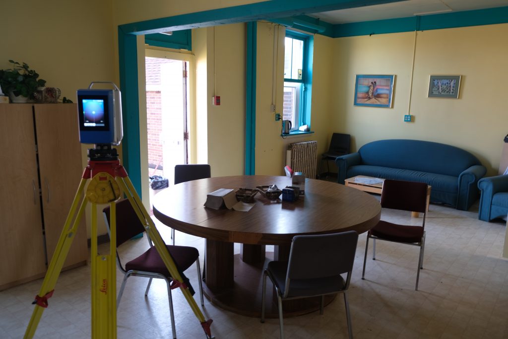 Z+F 5016 IMAGER set up in UnBQ staffroom kitchen during digital documentation, August 2021. This was also a space for staff during Blue Quills' operation as an IRS. From Madisen Hvidberg.