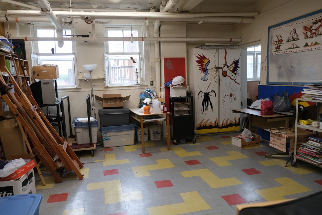 UnBQ arts classroom, formerly the north part of the girls' playroom. Taken during digital documentation, August 2022. From Madisen Hvidberg.