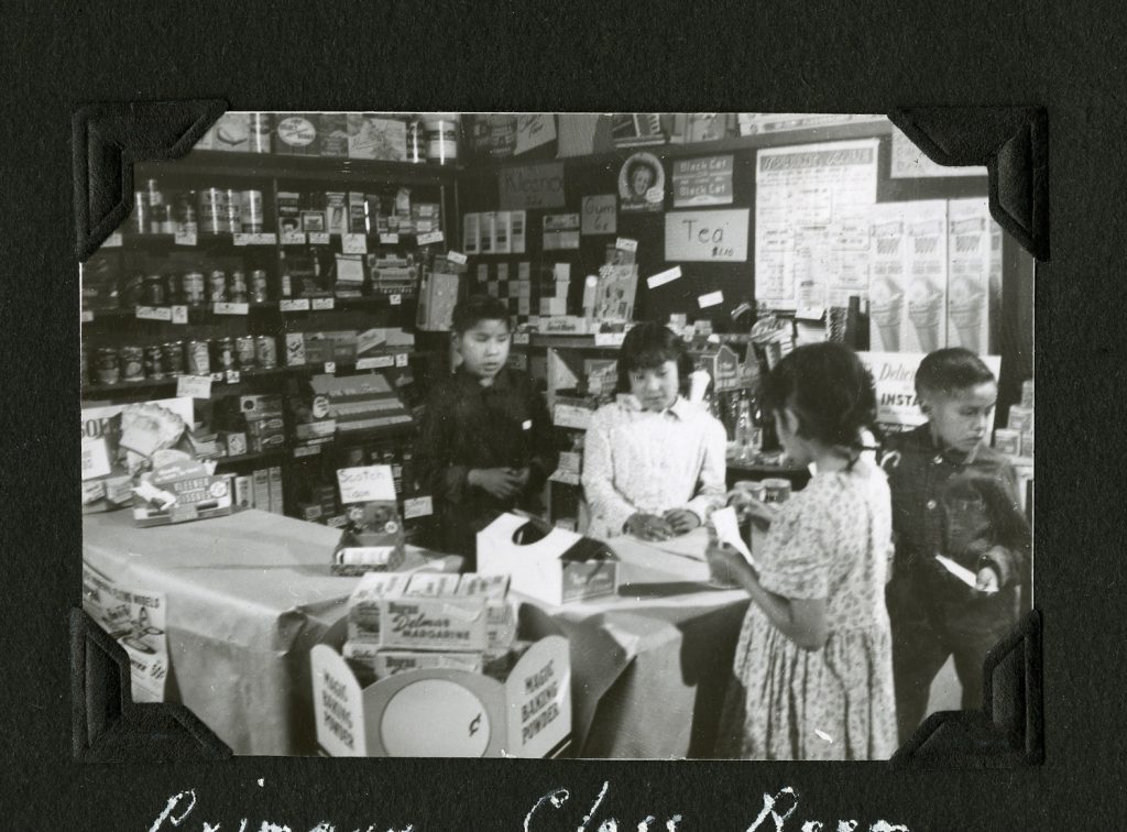 Fake store set up in one of the classrooms of Old Sun IRS, ca. 1952. Photo Source: Shingwauk Residential Schools Centre, Algoma University