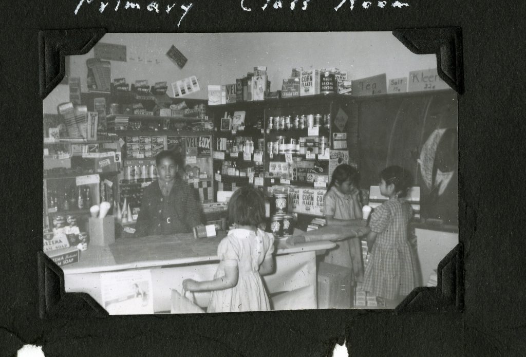 Fake store set up in one of the classrooms of Old Sun IRS, ca. 1952. Photo Source: Shingwauk Residential Schools Centre, Algoma University