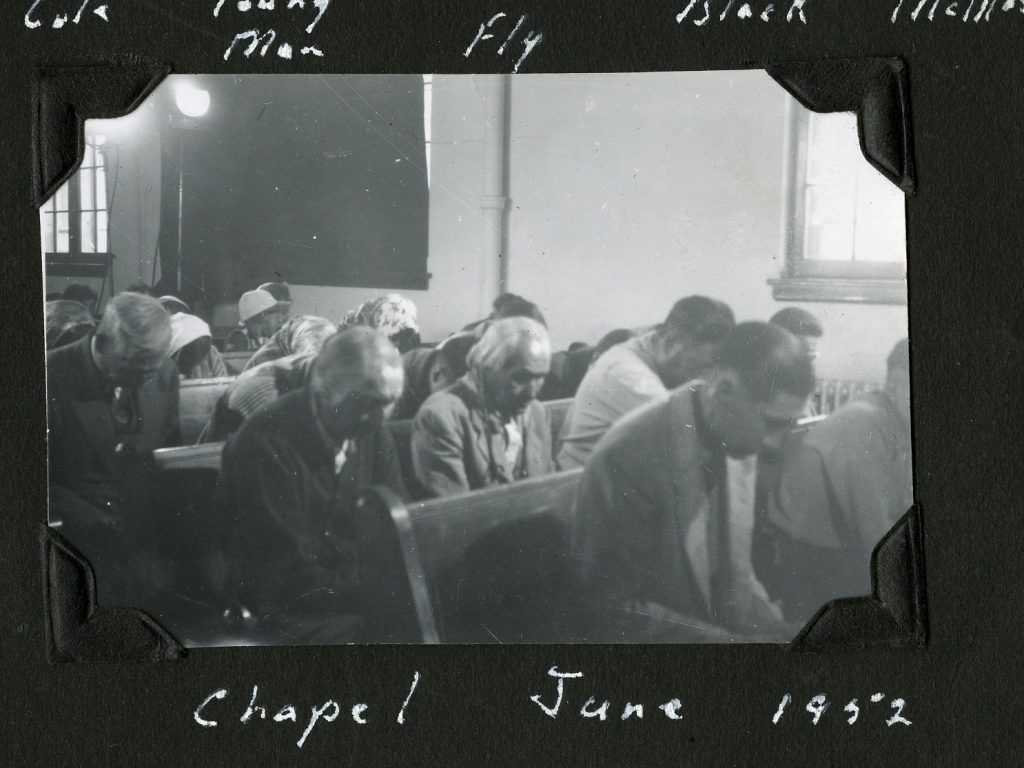 Siksika community members in the chapel of Old Sun during the filming of a documentary, ca. 1952. Photo Source: Shingwauk Residential Schools Centre, Algoma University