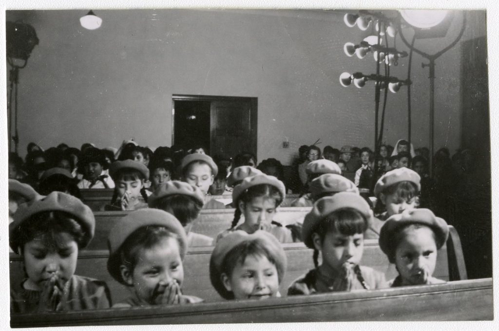 Students in the chapel of Old Sun during the filming of a documentary, ca. 1952. Photo Source: Shingwauk Residential Schools Centre, Algoma University