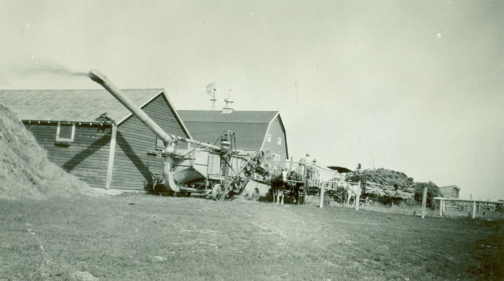 Old Sun School, Gleichen, Alta. - Threshing. - [194-?]. P75-103-S7-175 from The General Synod Archives, Anglican Church of Canada.