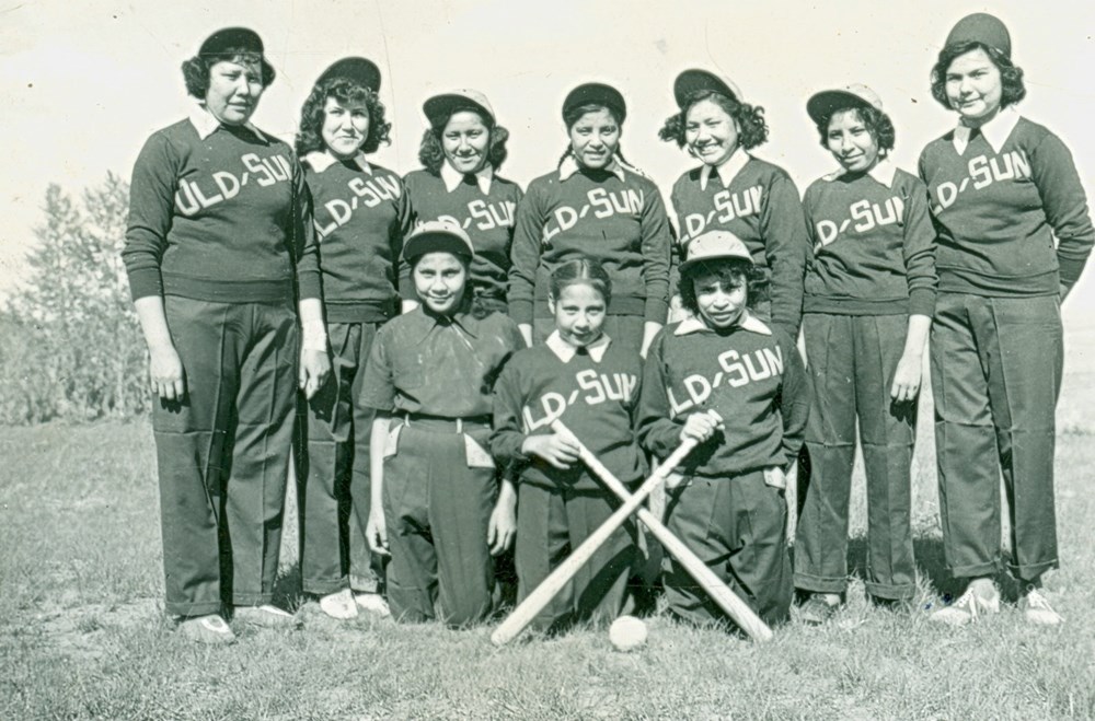 Old Sun School, Gleichen, Alta. - Girls' sopball team. - [194-?]. P75-103-S7-202 from The General Synod Archives, Anglican Church of Canada