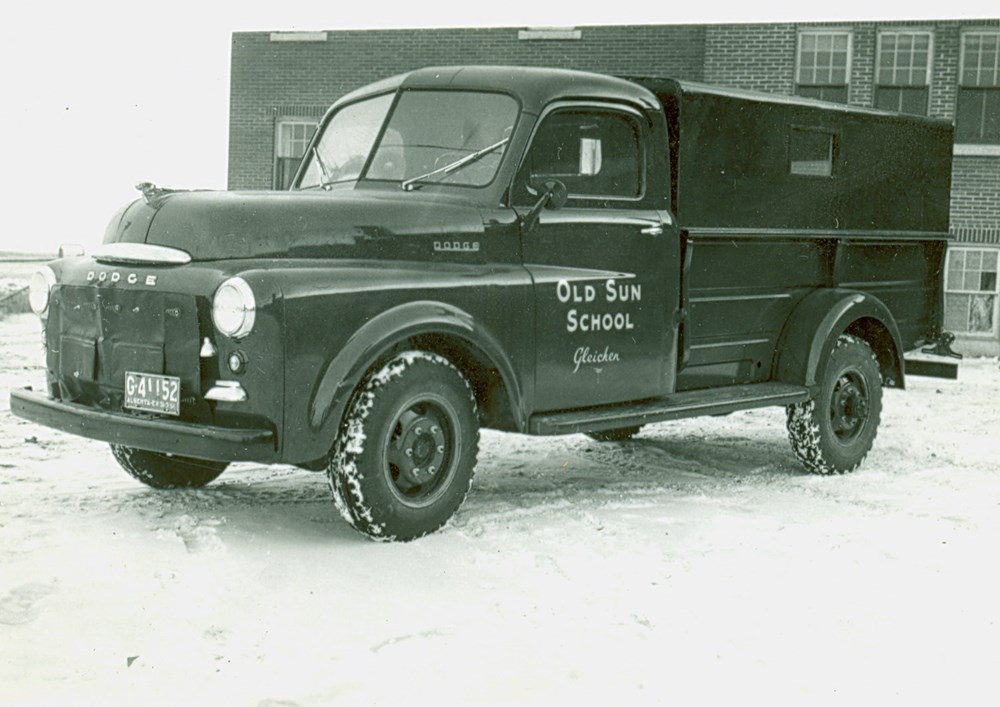 Old Sun School, Gleichen, Alberta - School truck. - 1951. P7538-1018 from The General Synod Archives, Anglican Church of Canada.