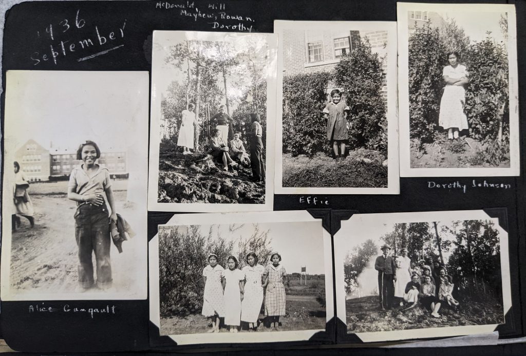 A photo album page with photographs of students around the school grounds, September 1936. PR1985.0100 from The Provincial Archives of Alberta, Open Copyright.