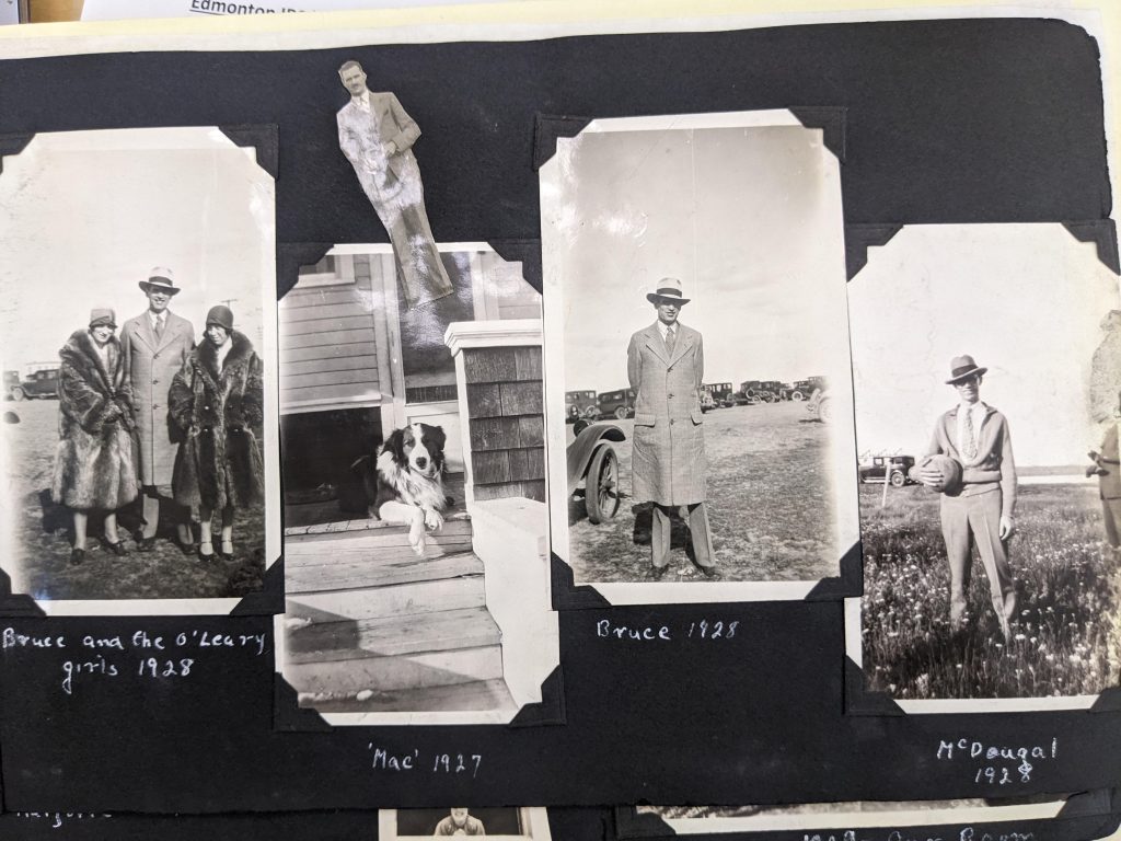 A photo album page with photographs of staff or visitors around the school and grounds, 1927-1928. PR1985.0100 from The Provincial Archives of Alberta, Open Copyright.