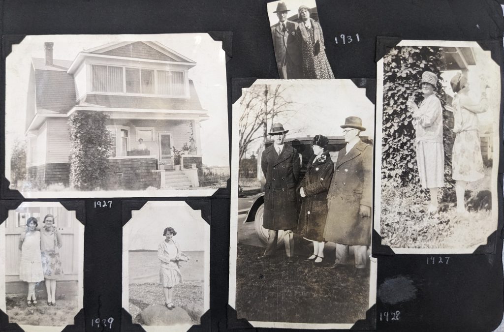 A photo album page with photographs of staff or visitors around the school and grounds, 1927-1931. PR1985.0100 from The Provincial Archives of Alberta, Open Copyright.