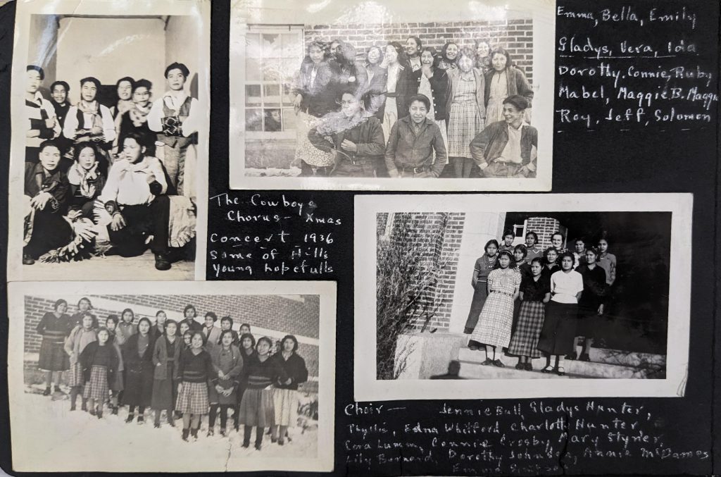 A photo album page with photographs of students around the school, 1936. PR1985.0100 from The Provincial Archives of Alberta, Open Copyright.