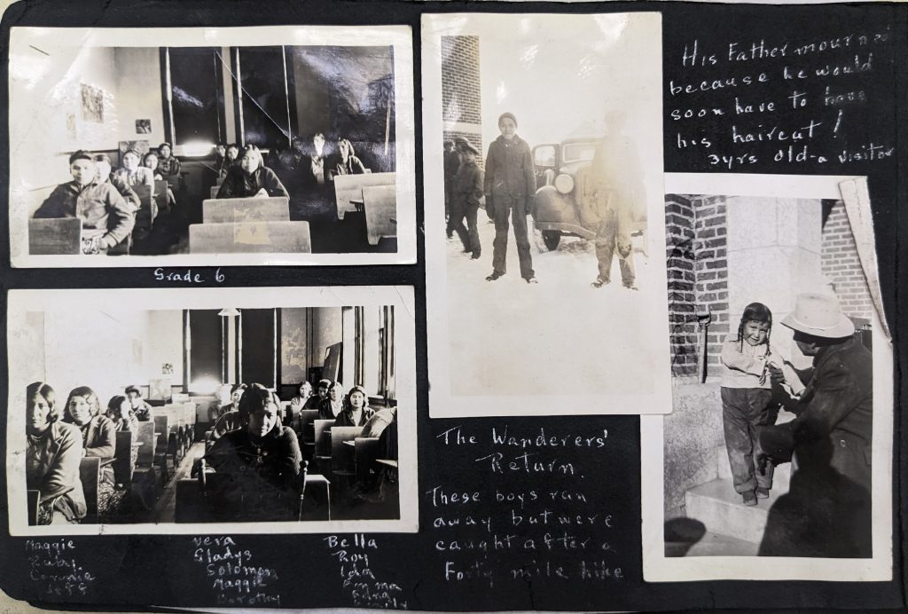 A photo album page with photographs of students in classrooms, students returned to school, and a young boy whose father was sad to cut his sons' braids, between 1926-1937. PR1985.0100 from The Provincial Archives of Alberta, Open Copyright.