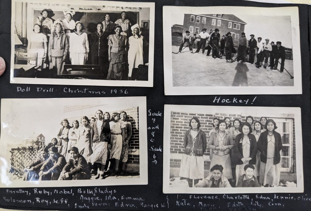 A photo album page of students around the Edmonton IRS and grounds, with student names written around the margins, between 1926-1937. PR1985.0100 from The Provincial Archives of Alberta, Open Copyright.