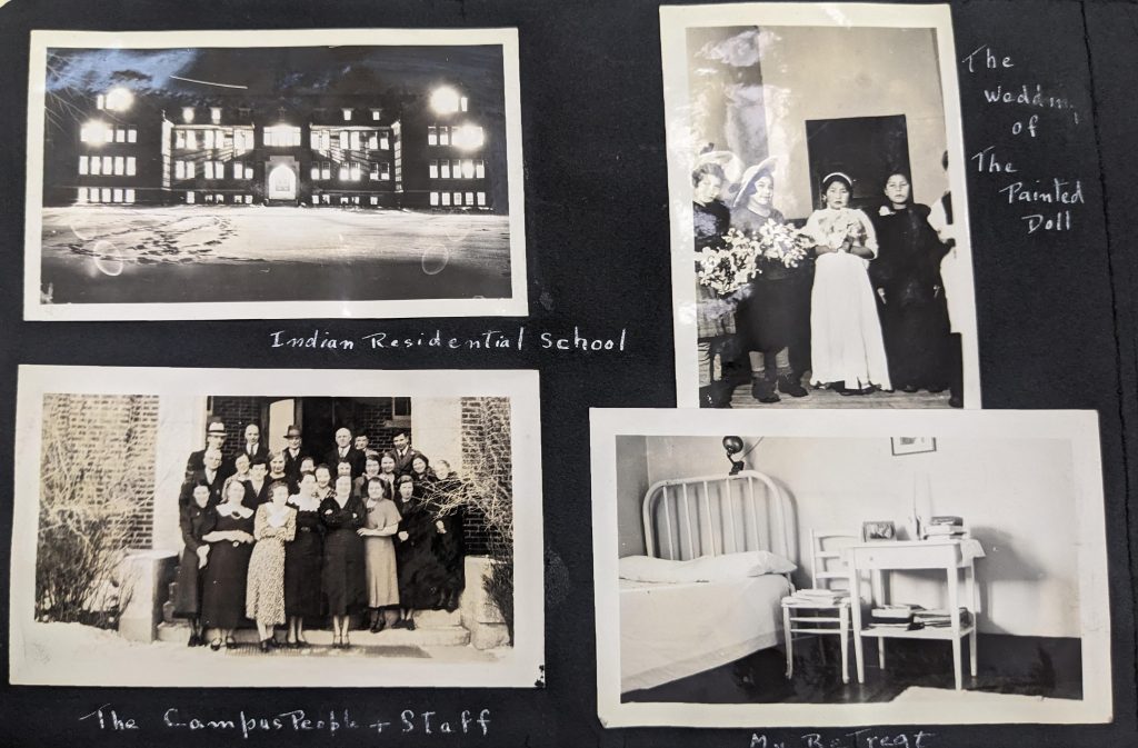 A photo album page of students, staff, and the Edmonton IRS, between 1926-1937. PR1985.0100 from The Provincial Archives of Alberta, Open Copyright.