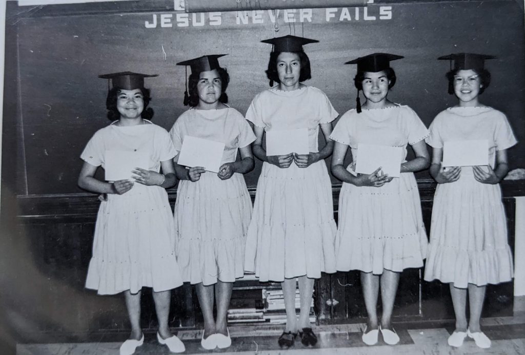 Girls pose a classroom, June 1960. PR2010.0475 from The Provincial Archives of Alberta, Open Copyright.