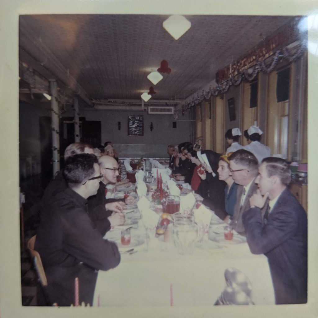 Formal dinner in the Blue Quills dining room. Date unknown. PR1973.0248/287 from The Provincial Archives of Alberta, Open Copyright.