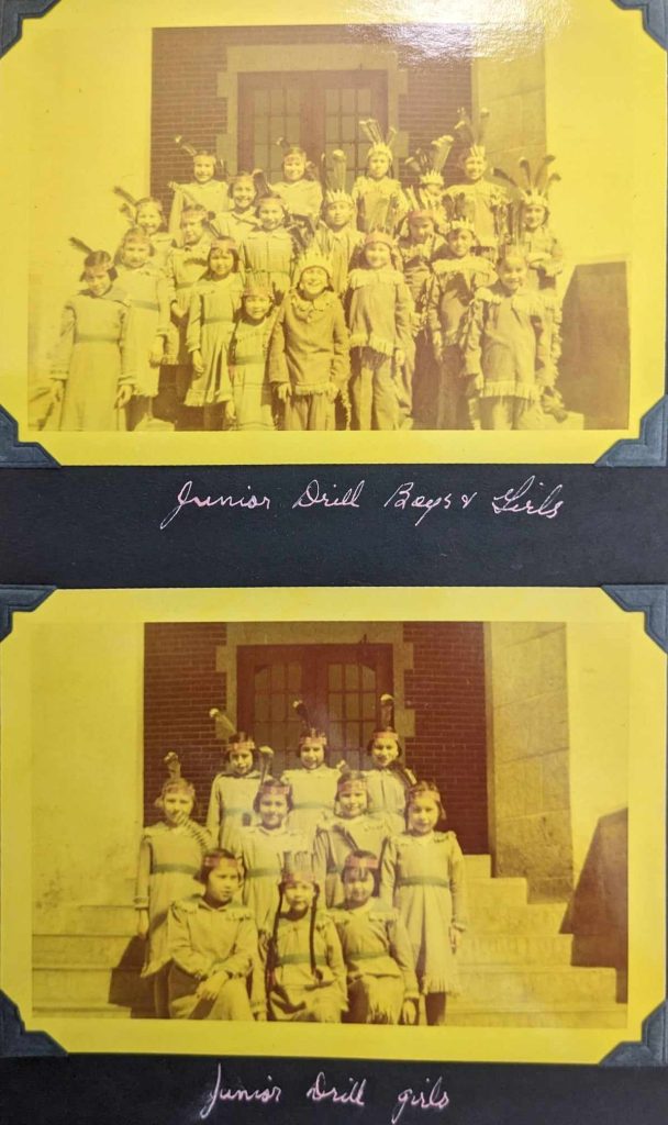 A photo album page showing junior students dressed up in a mockery of their own cultures which they were being forced to lose at Blue Quills, between 1938-1949. PR1973.0248/864 from The Provincial Archives of Alberta, Open Copyright.