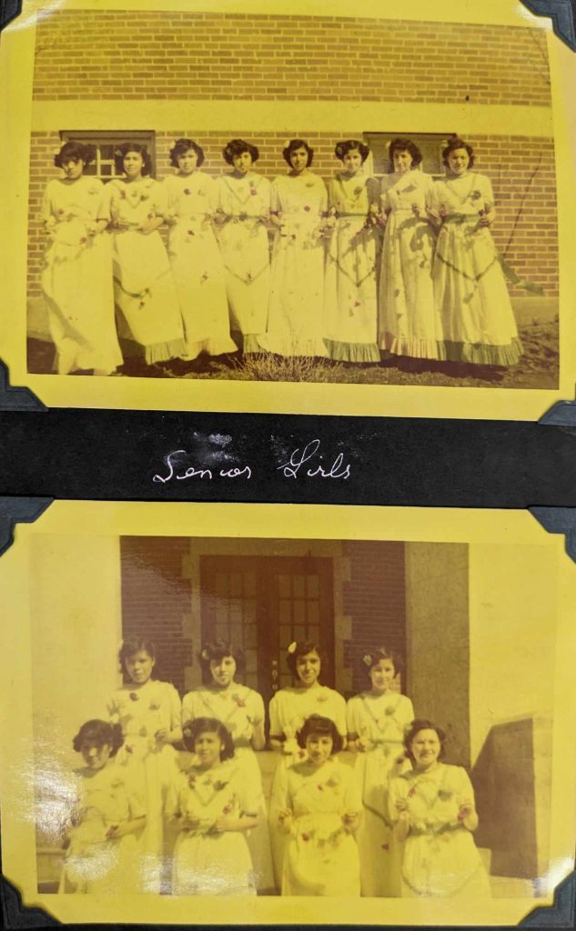 A photo album page showing senior girl students posed outside of Blue Quills, between 1938-1949. PR1973.0248/864 from The Provincial Archives of Alberta, Open Copyright.