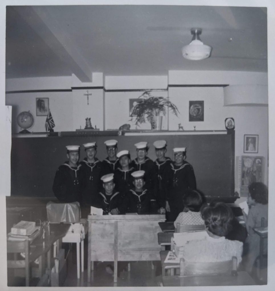 Blue Quills Sea Cadets in a classroom, April 1960. PR2010.0475 from The Provincial Archives of Alberta, Open Copyright.