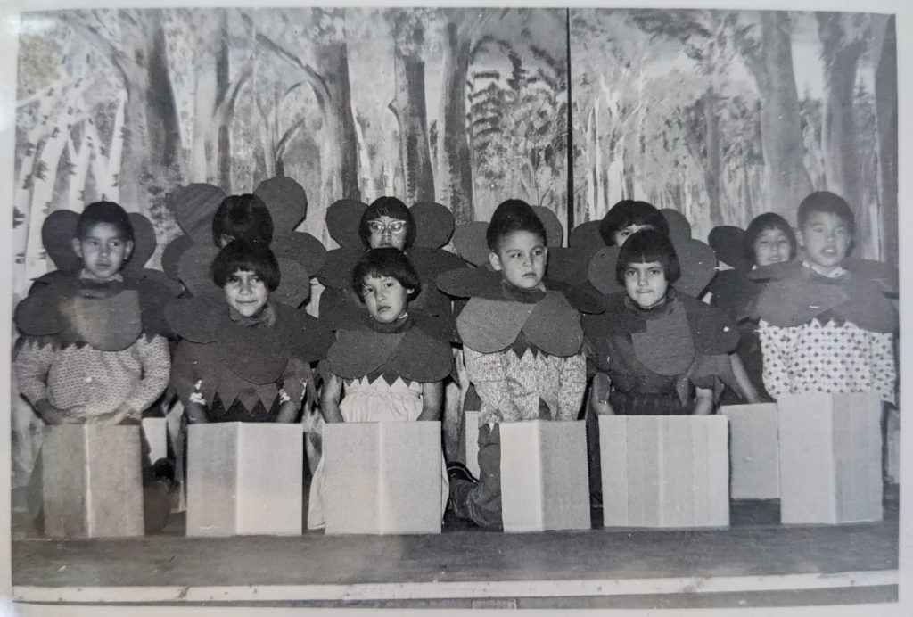 Students in a play, likely preformed on the stage in the gymnasium extension, January 1966. PR2010.0475 from The Provincial Archives of Alberta, Open Copyright.