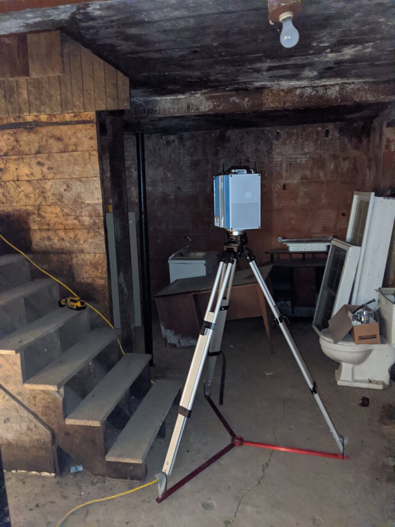 Basement of the carriage house during digital capture with Z+F 5016 terrestrial laser scanner. October 2020. From Madisen Hvidberg.