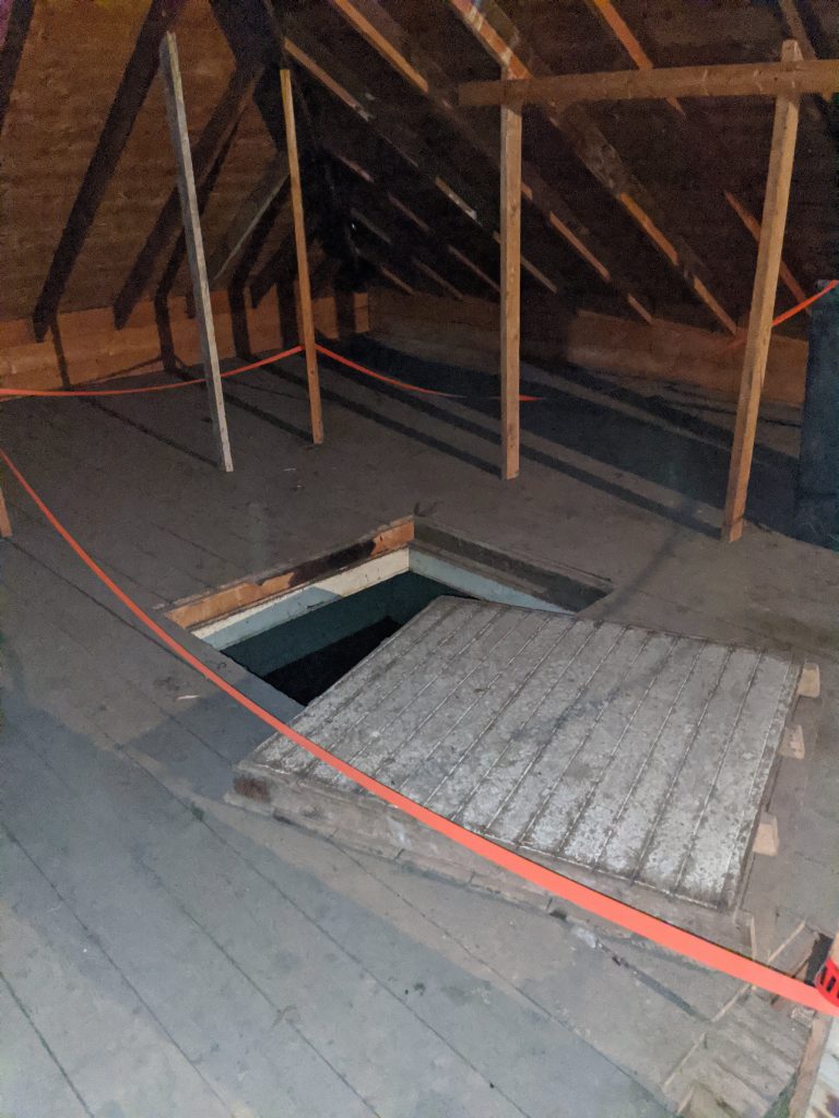 Forth floor carriage house, trapdoor opens to the classroom below. October 2020. From Madisen Hvidberg.