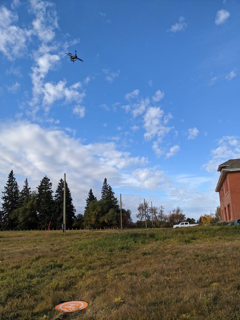 Exterior of the carriage house during UAV documentation with DJI Phantom drone. October 2020. From Madisen Hvidberg.