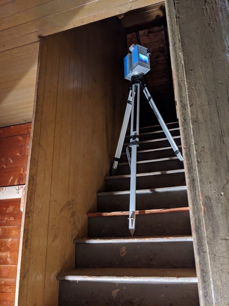 Z+F 5016 IMAGER set up on stairs between the third and forth floor of the carriage house. October 2020. From Madisen Hvidberg.