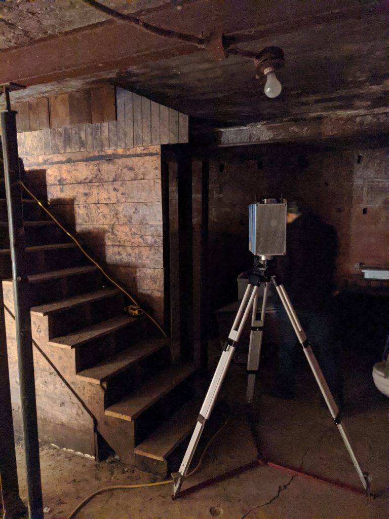 Basement of the carriage house during digital capture with Z+F 5016 terrestrial laser scanner. October 2020. From Madisen Hvidberg.