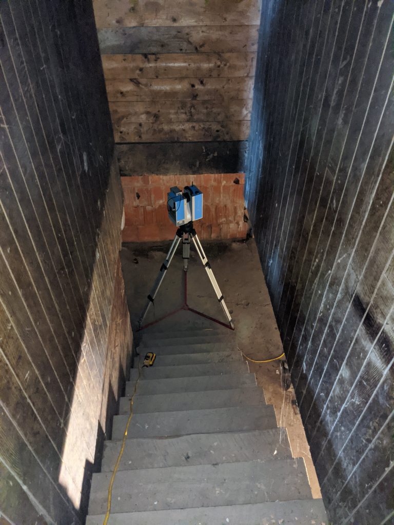 Stairs into the basement of the carriage house during digital capture with Z+F 5016 terrestrial laser scanner. October 2020. From Madisen Hvidberg.