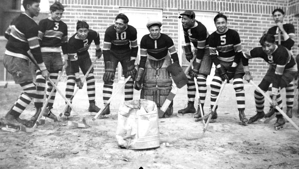 Hockey was always an important sport for students at Old Sun, with the rink outside the boys' playroom. 1935-1938. NA-5452-12. Courtesy of Glenbow Archives.