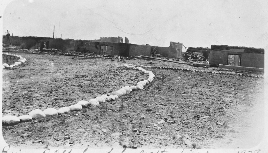 Ruins of Old Sun School after fire. 1928. Courtesy of Glenbow Library and Archives Collection, Libraries and Cultural Resources Digital Collections, University of Calgary.